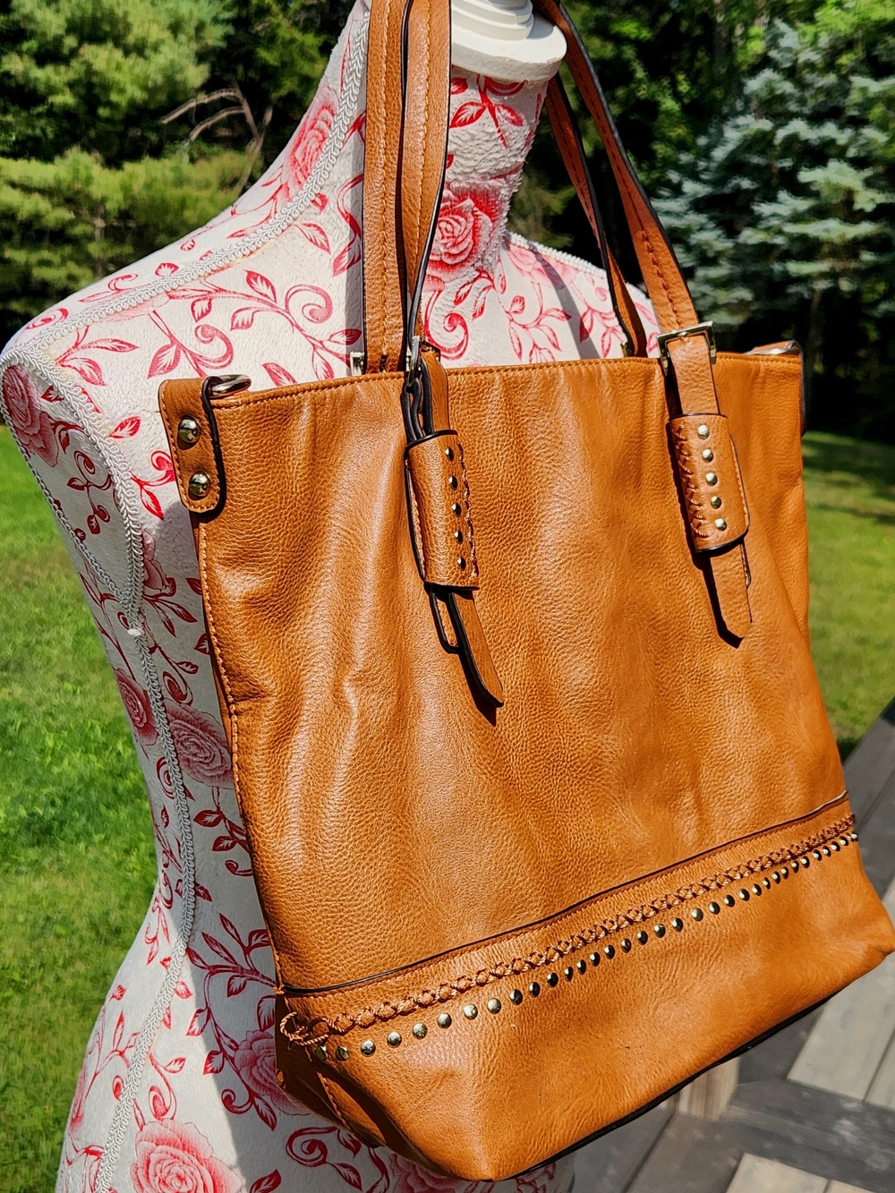 Caramel Tan Stud-Trim Leather Tote Conceal Carry Vegan Leather *Virago - Picture 3 of 10